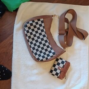 Brown Leather Wallet and Checkered Bag